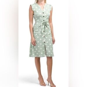 Monteau Polka Dot Tie Waist Midi Dress – Green & White – Size XS – Like New